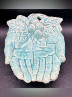 Nelson McCoy Vintage Open Hands Turquoise Tn Ceramic Trinket Dish Jewelry Dish